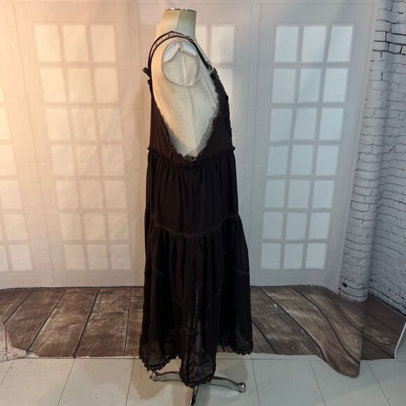 Utcoco Brown Embroidered Square Neck Tiered Maxi Jumper Apron Dress Medium - Picture 9 of 15